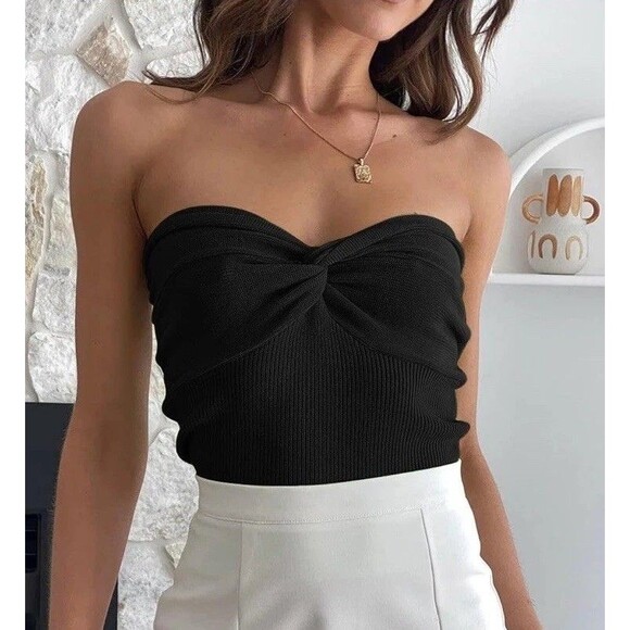 NWT EFAN Women’s Black Tube Top Twist Knot Front Knit Strapless Crop Top -Medium - Picture 1 of 5